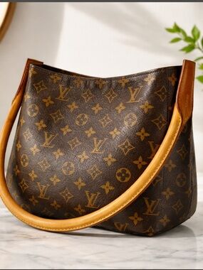 Louis Vuitton MM Looping Brown and Tan Monogram Shoulder Bag.